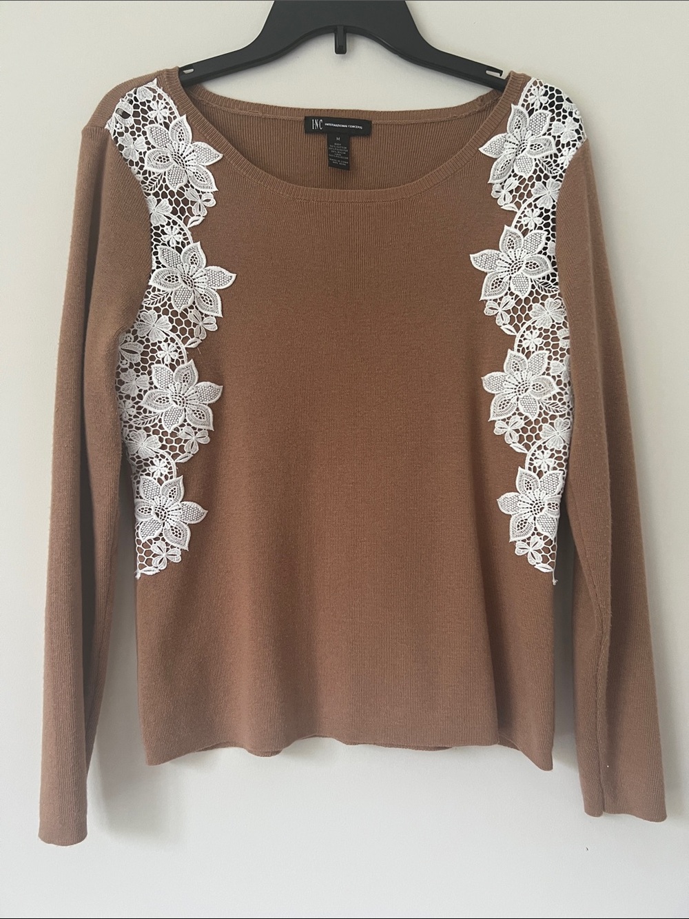 INC International Concepts Brown Sweater with White Floral Lace Trim